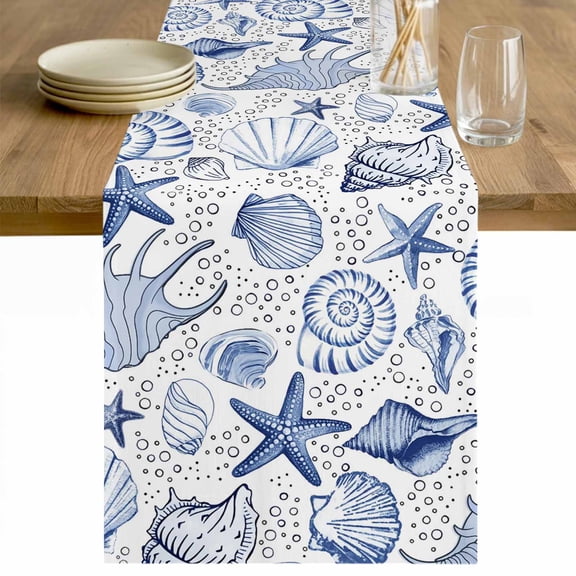 Navy Blue Coastal Table Runner 48 Inches Long Farmhouse Dress Scarves, Nautical Ocean Shell Starfish Sea Dining Tablerunner for Coffee Table/Kitchen Island/Party Décor, 13" x 48"