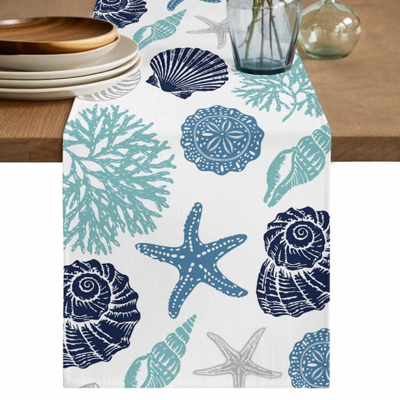 Navy Blue Coastal Table Runner 70 Inches, Starfish Shell Coral Summer Beach Ocean Bed Runner Dresser Scarves Tabletop for Indoor Outdoor Parties/Ceremony/Banquet, 13" x 70"