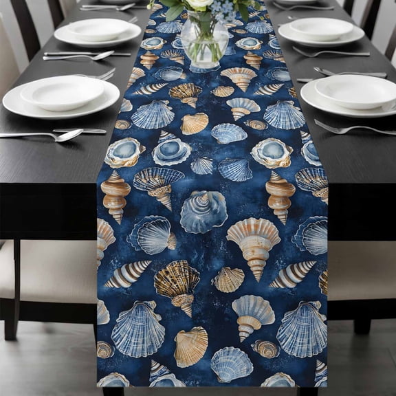 Navy Blue Coastal Table Runner 72 Inches Long, Nautical Summer Beach Shell Conch Kitchen Coffee Dining Table Decoration for Home Party Birthday Wedding Home Decor 18x72 Inches