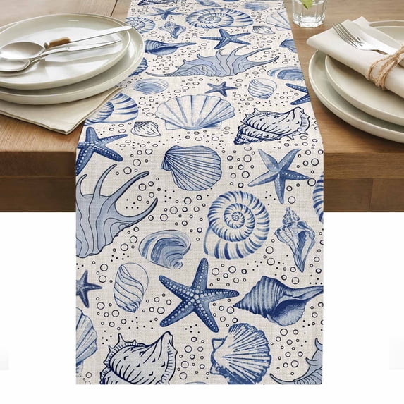 Navy Blue Coastal Table Runner - 90 Inch Long, Kitchen Dining Table Runner Dresser Scarves, Nautical Ocean Shell Starfish Sea Rustic Farmhouse Decor for Coffee Tables Wedding Party Banquet