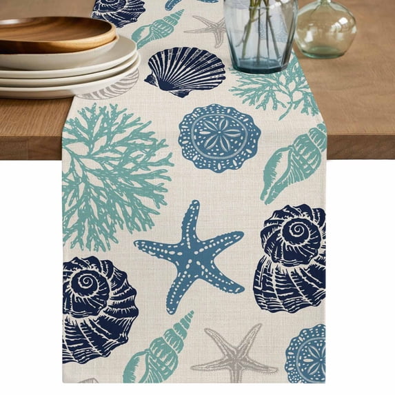 Navy Blue Coastal Table Runner 90 Inches, Starfish Shell Coral Summer Beach Rustic Bed Runner Dresser Scarves Tabletop for Indoor Outdoor Parties/Ceremony/Banquet, 13" x 90"