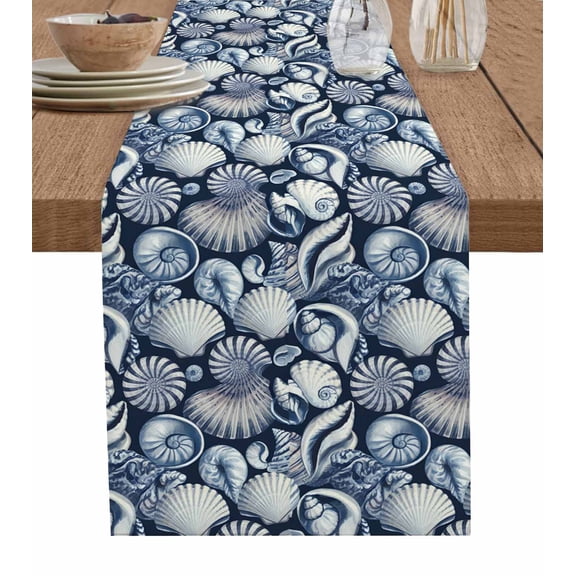 Navy Blue Coastal Table Runner Cotton Linen 90 Inch Holiday Dresser Scarves, Grey Shell Conch Nautical Summer Beach Tablerunner for Kitchen Coffee Dining Bedroom Dinner Scarf Décor 13''x90''