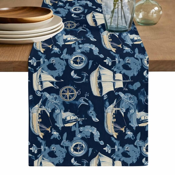 Navy Blue Coastal Table Runner, Nautical Boat Summer Beach Ocean Washable Cotton Linen Table Runners 36 Inches Long, Dresser Scarf Runner for Nightstand/End Tables/Round Tables 13''x36''