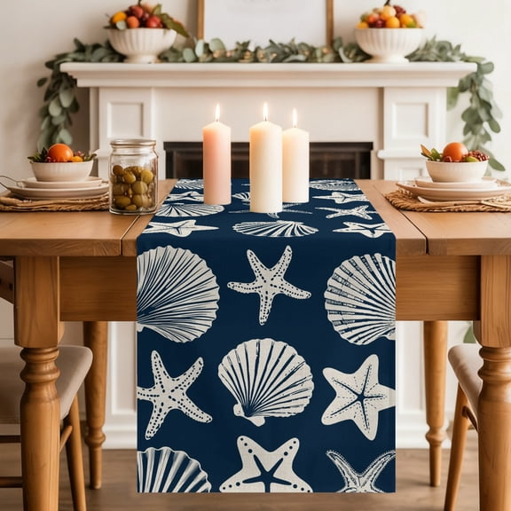 Navy Blue Coastal Table Runner, Starfish Shell Ocean NauticalV Washable Cotton-linen Table Runners Dining Kitchen Decoration for Everyday Home Wedding Party Decor, 13 x 36 Inch