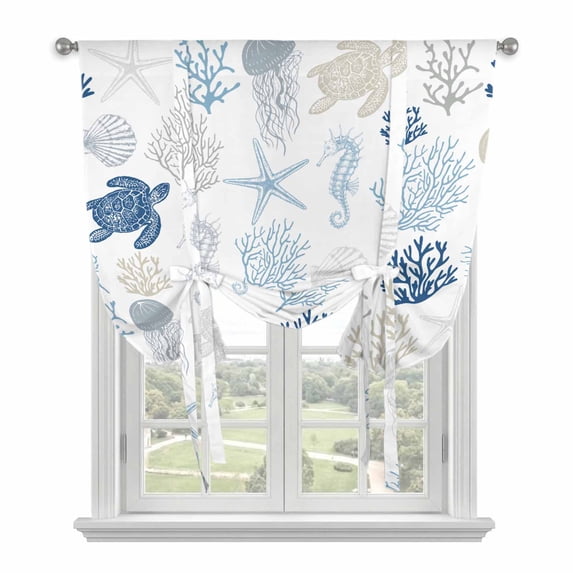 Navy Blue Coastal Tie Up Curtains for Kitchen Windows,Adjustable Rod Pocket Valance 45 Inch Short, Nautical Summer Beach Coral Sea Turtle Window Treatment Balloon Roman Blind Shade, 42" x 45"