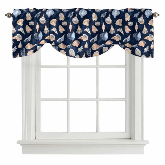 Navy Blue Coastal Tie Up Valance Curtains for Windows, Kitchen Curtains Window Treatments, Shell Conch Nautical Summer Beach Short Window Shades Valances for Bedroom Bathroom Cafe 42"x12"
