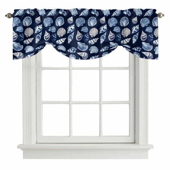 Navy Blue Coastal Tie Up Valance Curtains for Windows, Kitchen Curtains Window Treatments, Summer Beach Shell Conch Short Window Shades Valances for Bedroom Bathroom Cafe 42"x12"