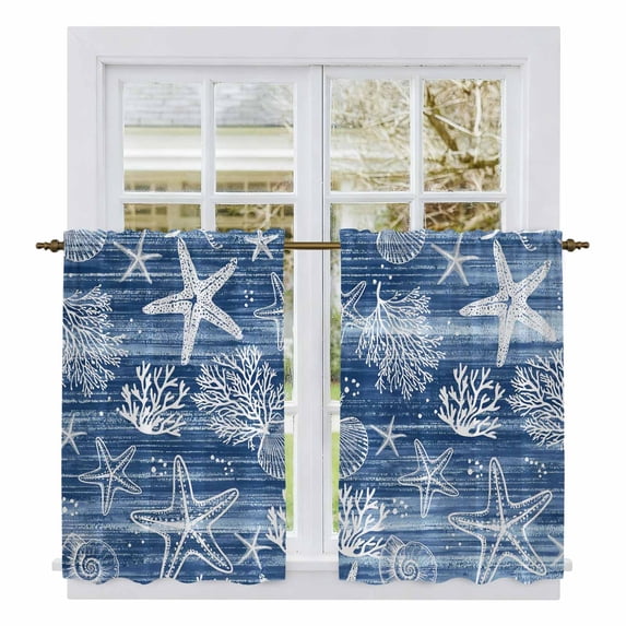 Navy Blue Coastal Tier Curtains 54 Inch Length, Summer Beach Nautical Starfish Coral Vintage Cafe Short Curtains for Bathroom Sink, Small Kitchen Curtain Light Filtering Drapes 2 Panels 27.5"Wx54"L