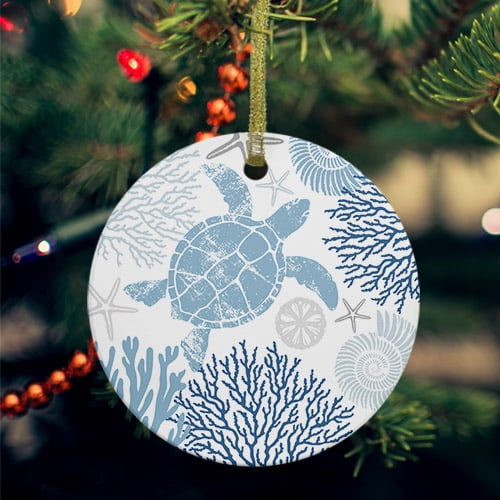 Navy Blue Coastal Turtle Ceramic Ornaments, Ocean Coral Nautical Round Porcelain Hanging Ornaments with Gold String, Xmas Decorations Keepsake Gifts for Holiday Home Party 3''