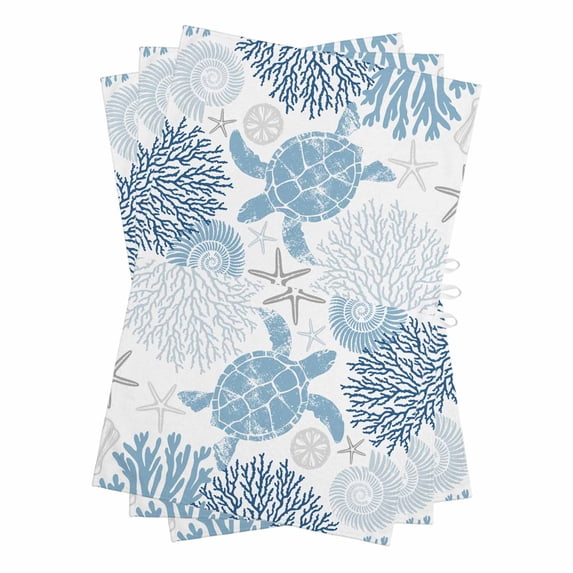 Navy Blue Coastal Turtle Kitchen Towels Set of 3, Water Absorbent Dish Towel, Ocean Coral Nautical Decorative Hand Towels - Quick Drying Cloth for Cooking Baking, 18x28 Inch