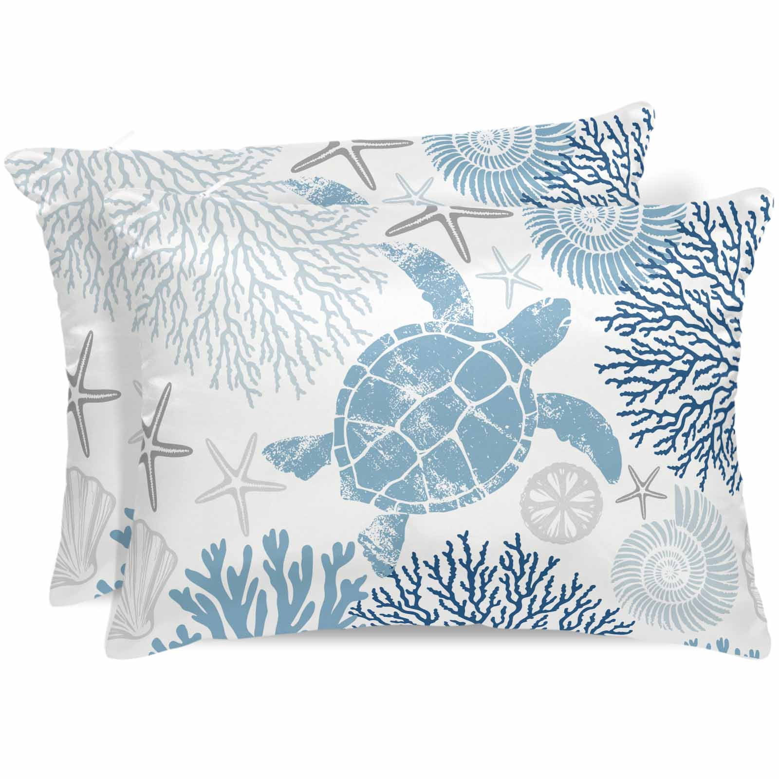 Navy Blue Coastal Turtle Pillow Cases Queen Size Set of 2, Smooth Satin Pillowcase for Hair and Skin, Ocean Coral Nautical Decorative Cooling Bed Pillow Covers with Zipper, 20x30 Inches