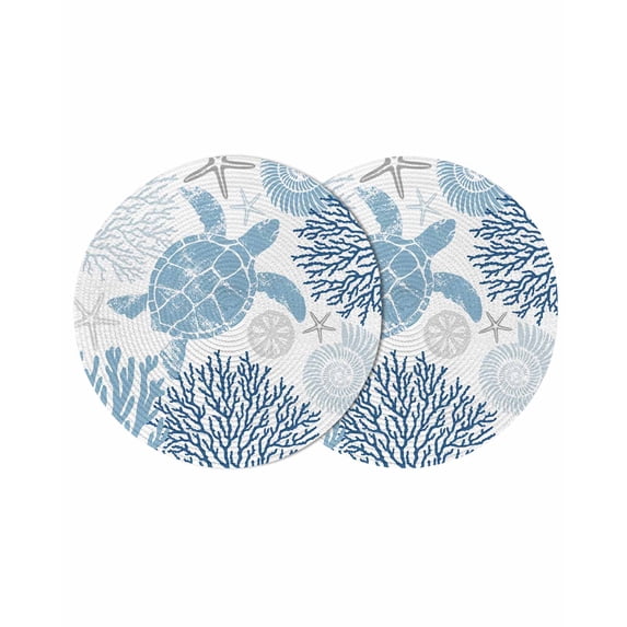 Navy Blue Coastal Turtle Round 15 Inch Placemats Set of 2, Ocean Coral Nautical HeatResistant Non Slip Place Mats for Dining Table, Wipeable Braided Kitchen Table Mats for Housewarming