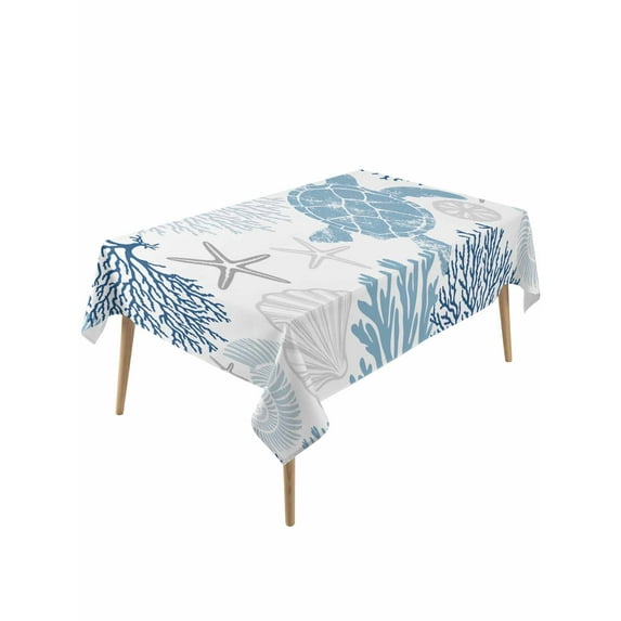 Navy Blue Coastal Turtle Table Cloth, Ocean Coral Nautical Waterproof Tablecloth for Rectangle Tables, Reusable Washable Fabric Table Cover for Restaurant Kitchen Dining Tables 60"x120"