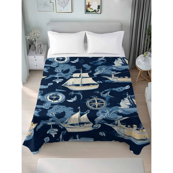 Navy Blue Coastal Twim Size Flat Sheet, Wrinkleproof & Fadeproof Cooling Flat Bed Sheet Only, Nautical Boat Summer Beach Ocean Breathable Soft Bedding Top Sheets 66 x 96 Inches