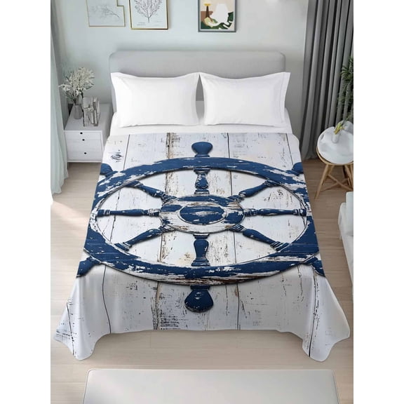 Navy Blue Coastal Twim Size Flat Sheet, Wrinkleproof & Fadeproof Cooling Flat Bed Sheet Only, Nautical Summer Rudder Vintage Breathable Soft Bedding Top Sheets 66 x 96 Inches