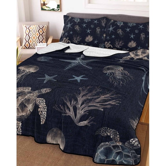 Navy Blue Coastal Twin Size Down Alternative Comforter,Lightweight Comforter Quilt Bedding Set with Pillow Shams Nautical Summer Beach Sea Turtle Starfish Bed Comforter Duvet Insert 68"x86"
