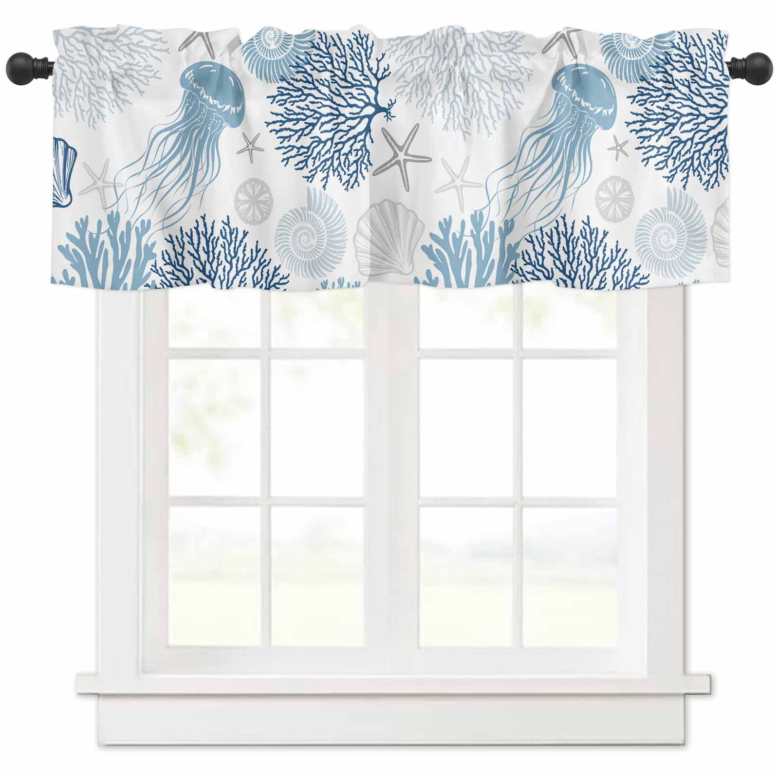 Navy Blue Coastal Valances for Windows Farmhouse Kitchen Curtains ...