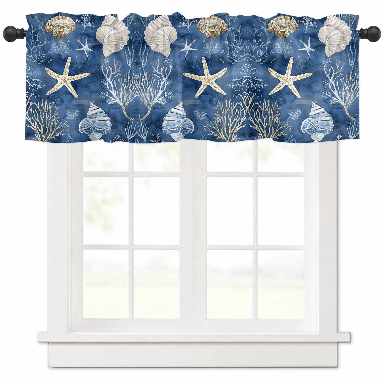 Navy Blue Coastal Valances for Windows Farmhouse Kitchen Curtains ...