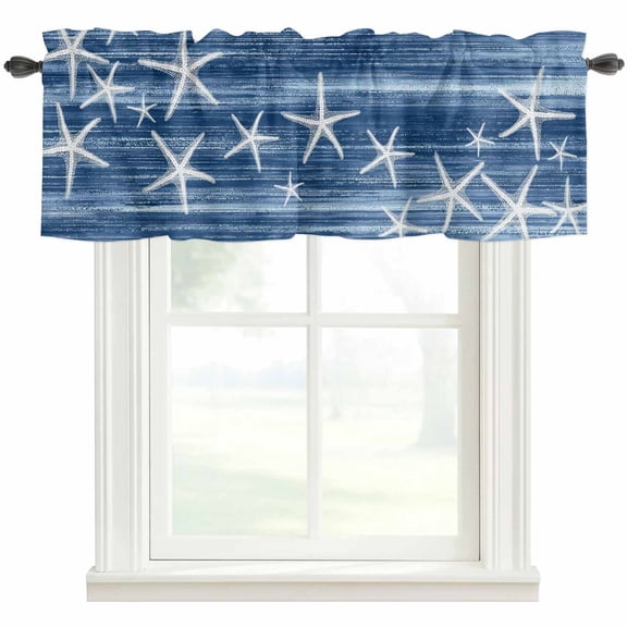 Navy Blue Coastal Valances for Windows Farmhouse Kitchen Curtains Valances Rod Pocket Valance Curtains for Windows Summer Ocean Waves Ombre Sea Starfish Window Valances for Bathroom Bedroom 60"x18"