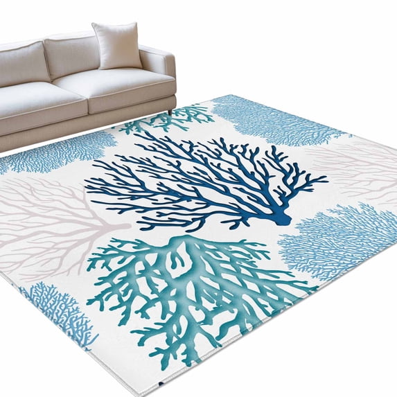 Navy Blue Coastal Washable Rug 3x5 Area Rug for Living Room Bedroom Non Slip Indoor Floor Rectangle Carpet Soft Low Pile Large Turquoise Coral Ocean Modern Sea Entryway Rugs for Dining Room Office