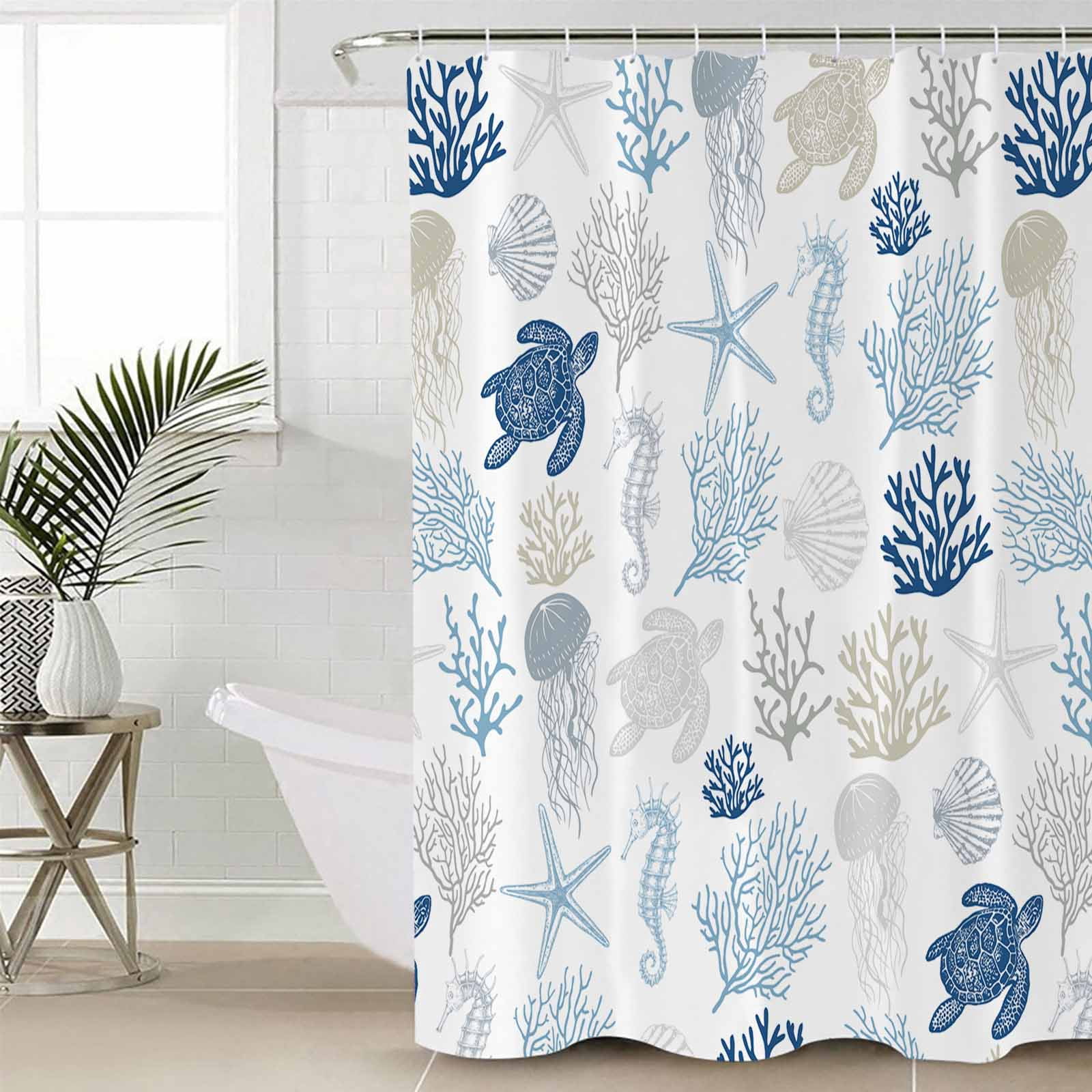 Navy Blue Coastal Waterproof Fabric Shower Curtain, Nautical Summer Beach Coral Sea Turtle Shower Curtain for Bathroom Curtains Bathtubs Hotel Washable Shower Curtains with 12 Hooks Extra Long 72x96