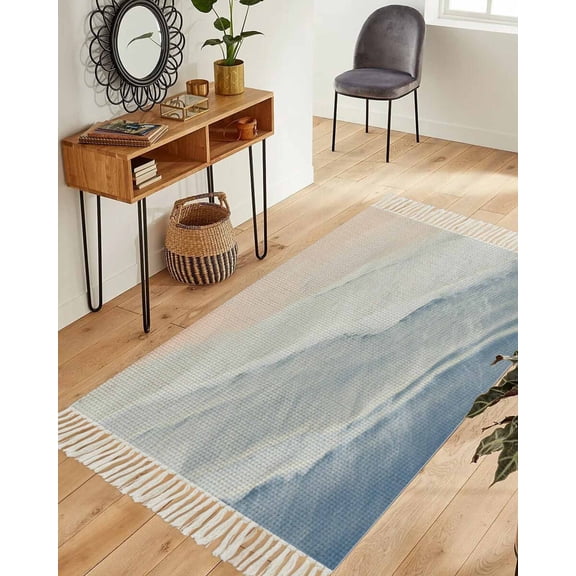 Navy Blue Coastal Wave Area Rug 3x5ft Woven Runner Rug,Summer Modern Ocean Beach Washable Living Room Hallway Bedroom Kitchen Carpet with Tassels,Indoor Outdoor Throw Door Mat for Entryway
