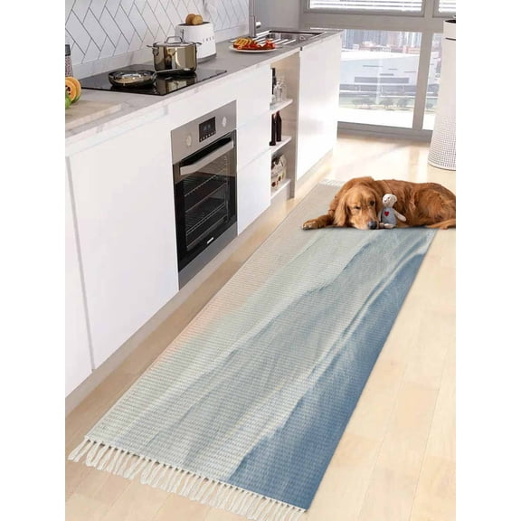 Navy Blue Coastal Wave Entryway Runner Rug 2x4ft,Summer Modern Ocean Beach Washable Woven Living Room Hallway Bedroom Kitchen Carpet with Tassels,Indoor Outdoor Throw Door Mat for Entryway