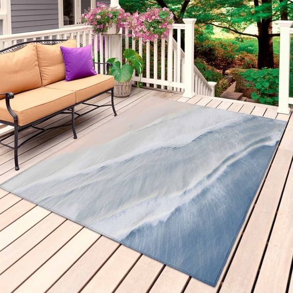 Navy Blue Coastal Wave Outdoor Rug for Patio/Deck/Porch, Non-Slip Large Area Rug 5 x 8 Ft, Summer Modern Ocean Beach Indoor Outdoor Rugs Washable Area Rugs, Reversible Camping Rug Carpet Runner