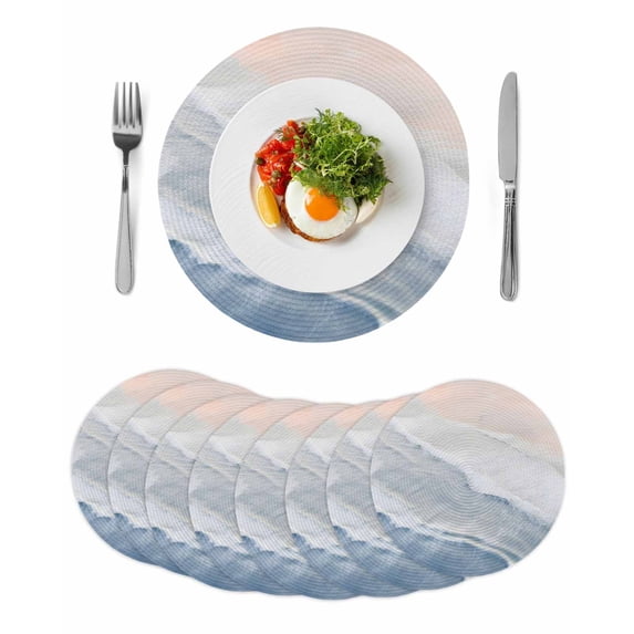 Navy Blue Coastal Wave Round 13 Inch Placemats Set of 8, Summer Modern Ocean Beach HeatResistant Non Slip Place Mats for Dining Table, Wipeable Braided Kitchen Table Mats for Housewarming