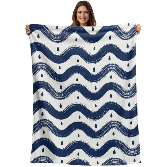 Navy Blue Coastal Waves Blanket Soft Cozy Warm Throw Blanket for Couch, Plush Fuzzy Flannel Blankets for Sofa, Water Droplet Vintage Ocean Stripes Bed Blankets Lightweight Gifts for Women, 50"x80"