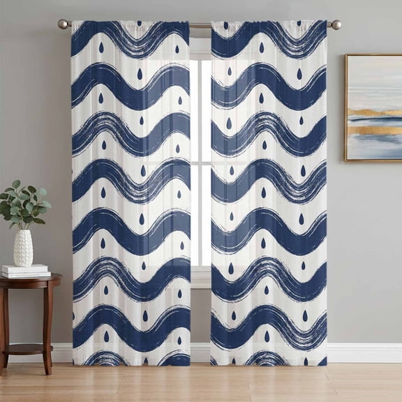 Navy Blue Coastal Waves Sheer Curtains 96 Inch Length 2 Panels Set, Water Droplet Vintage Ocean Stripes Voile Window Treatment Semi Sheer Long Curtains for Bedroom/Living Room/Kitchen 52"x96"x2
