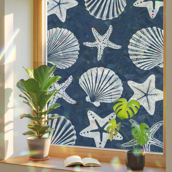 Navy Blue Coastal Window Privacy Film, Starfish Shell Ocean Nautical Stained Glass Rainbow Film Decorative Window Clings, Static Cling Sun Blocking Stickers 17.7" x 39.3"