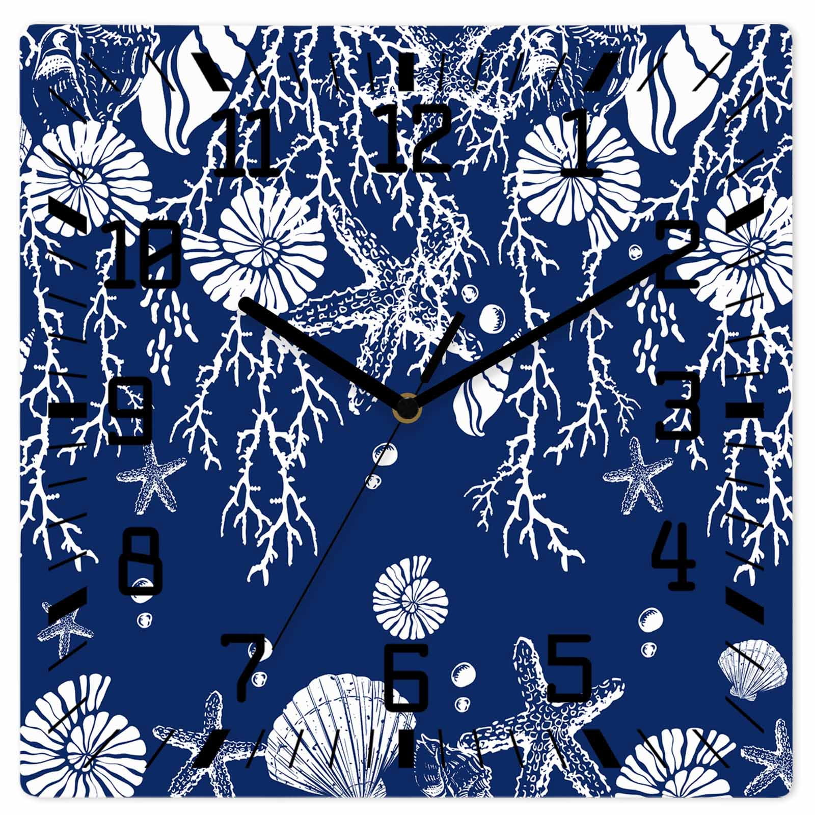 Navy Blue Coastal Wooden Wall Clock Silent Non Ticking, Starfish Coral ...
