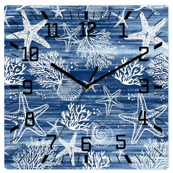 Navy Blue Coastal Wooden Wall Clock Silent Non Ticking, Summer Beach Ocean Coral Starfish Square Wall Clocks Battery Operated, Decor Clock for Home Office, Living Room, Kitchen, 10 Inch