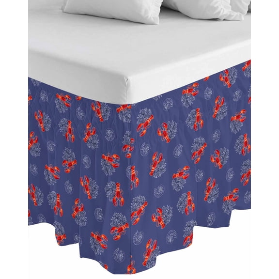 Navy Blue Coastal Wrap Around Bed Skirts for Queen Bed 16" Drop, Bed Skirt with Adjustable Elastic Belt Dust Ruffle Bed Valance for Bedroom Hotel Luxury Red Lobster Nautical Ocean Bed Frame Cover