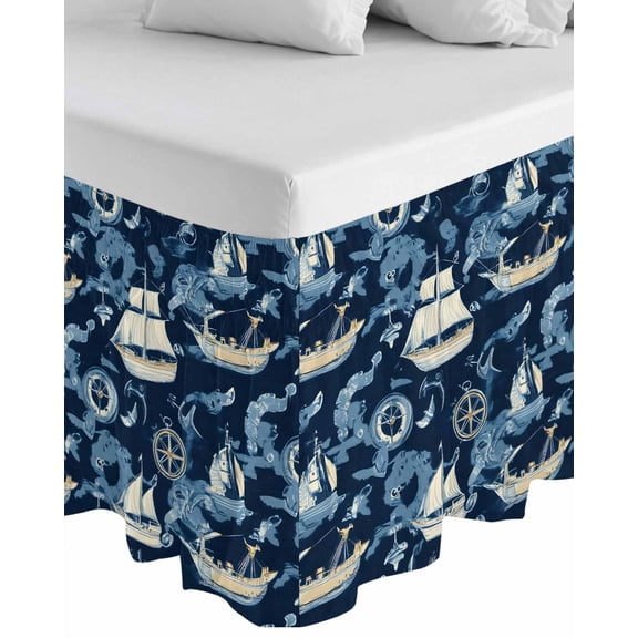 Navy Blue Coastal Wrap Around Bed Skirts for Queen Bed 18" Drop,Bed Skirt with Adjustable Elastic Belt Dust Ruffle Bed Valance for Bedroom Hotel Nautical Boat Summer Beach Ocean Bed Frame Cover