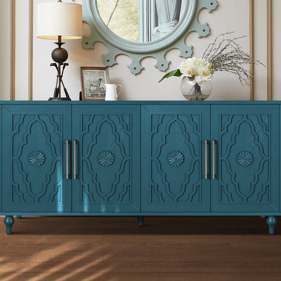 Navy Blue Color - Artistic Carved Flower Doors - Living and Kitchen - Decorate Home Space