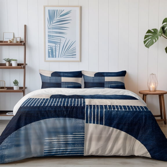 Navy Blue Color Block Abstract Geometric California King Size Bed Set,Nordic Style Bedding for All Seasons,4 Pcs Bed Set with 1 Quiltcover (96"x104"),1 Sheet (110"x98"),2 Pillowcases (20"x36")