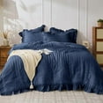 thumbnail image 1 of Navy Blue Comforter Full Size, 3 Pieces Seersucker Lightweight Full Size Bedding, All Season Fluffy Microfiber Bedding Comforter Set with 1 Ruffle Comforter and 2 Ruffle Pillowshams, 1 of 9