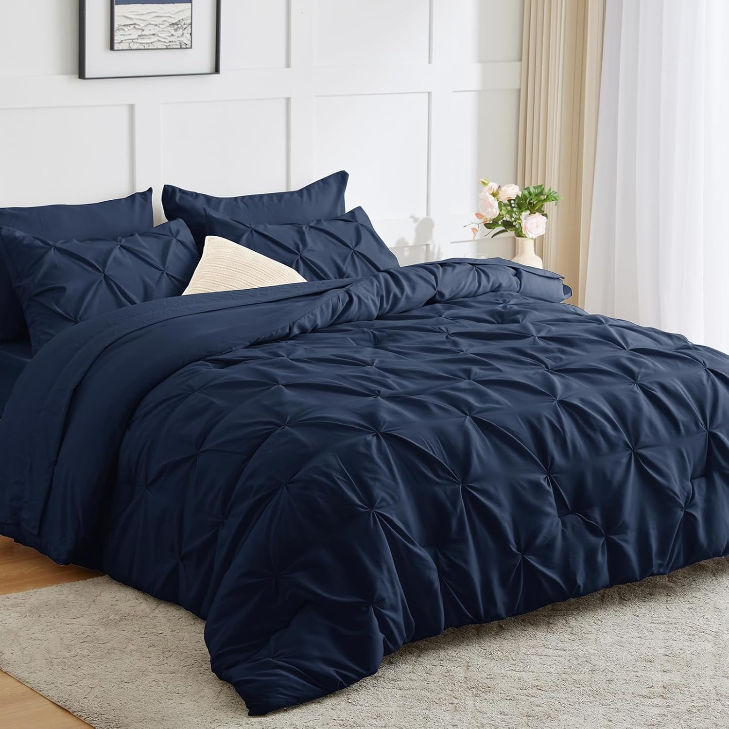Navy Blue Comforter Full Size 7 Pieces Soft Pintuck Navy Comforter (82 ...