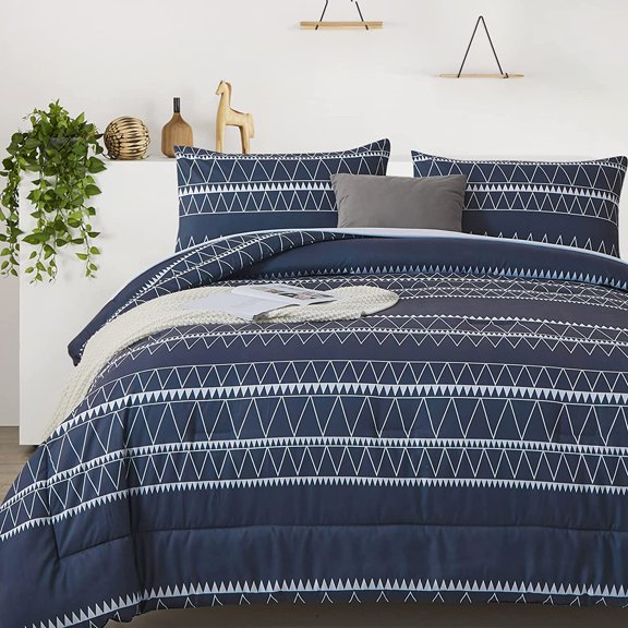Navy Blue Comforter Set King,Reversible Boho Triangle Down Alternative Comforter Set for King Bed - 3 Pieces (1 Comforter + 2 Pillowcases), Soft Microfiber Duvet Insert 104"x 90"