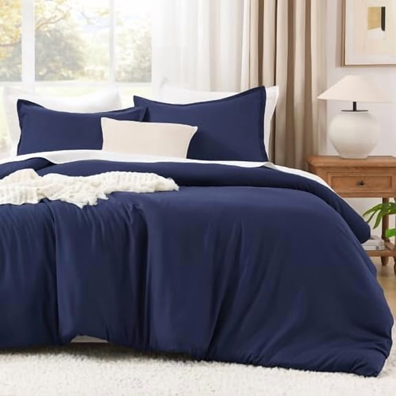 Navy Blue Comforter Set King Size, 3 Pieces Lightweight Solid Bedding Comforter Set, All Season Fluffy Bed Set (104x90In Comforter & 2 Pillowcases)
