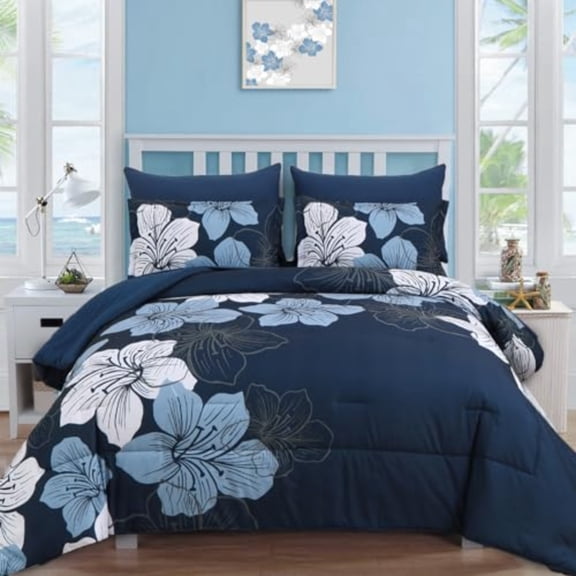 Navy Blue Comforter Set King Size 7 Pieces Bed in a Bag Navy Blue Floral Comforter and Sheet Set Soft Microfiber Complete Bedding Sets for All Seasons