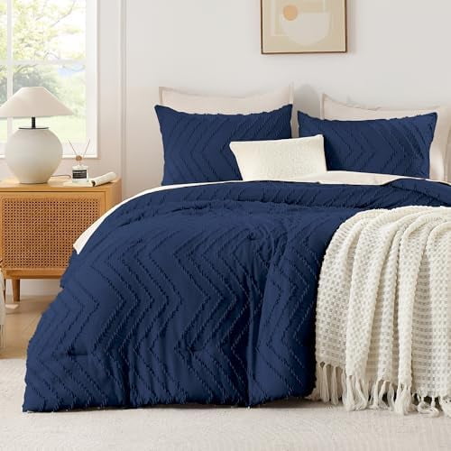 Navy Blue Comforter Set King Size, Boho Soft Warm Tufted Bedding Comforter Sets for King Size Bed, 3 Pieces Aesthetic Chevron Farmhouse Cute Bohemian Textured Bedding Set