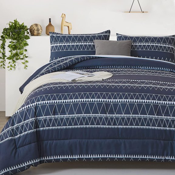Navy Blue Comforter Set Queen, Reversible Boho Triangle Down Alternative Comforter Set for Queen Bed - 3 Pieces (1 Comforter + 2 Pillowcases), Soft Microfiber Bedding Set 90"x 90"