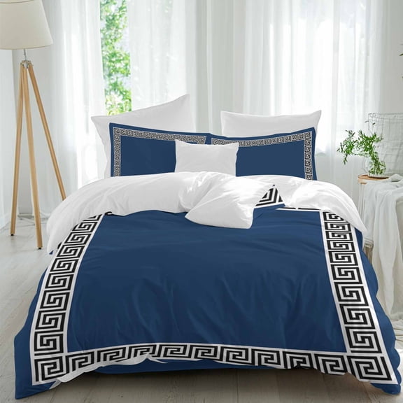 Navy Blue Comforter Set Queen Size, Greek Chinese Style Border Geometric Soft Bedding Set for Man Woman, 4 Pieces Duvet Cover Set with Fitted Sheet, 2 Pillowcases