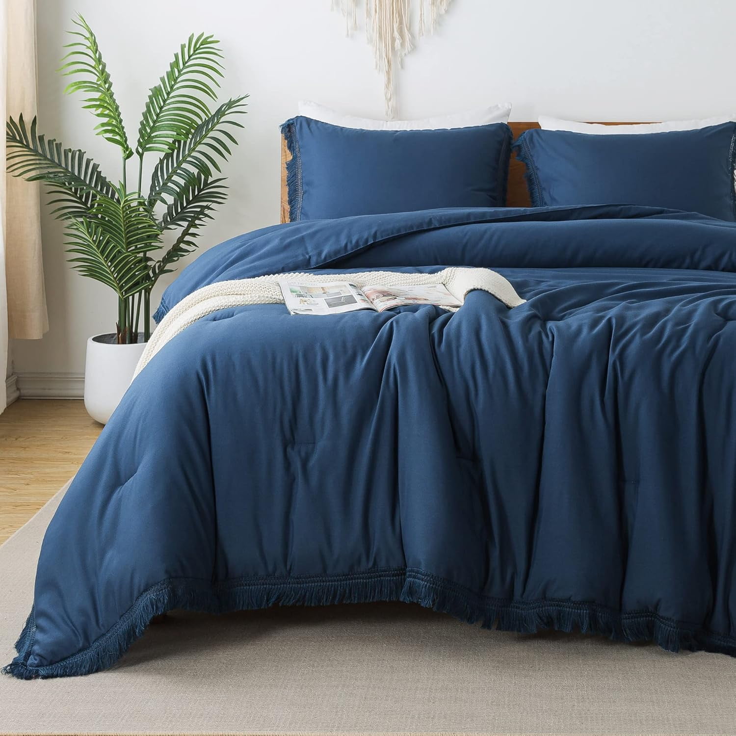 Navy Blue Twin Microfiber Boho Tassel Comforter Set