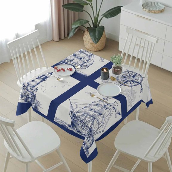 Navy Blue Compass Sailing Ship Plaid Table Cloth 54x54in, Waterproof Square Tablecloth Wipeable Tablecloths Nautical Retro Lighthouse Table Covers for Dining Tables Party Indoor Outdoor