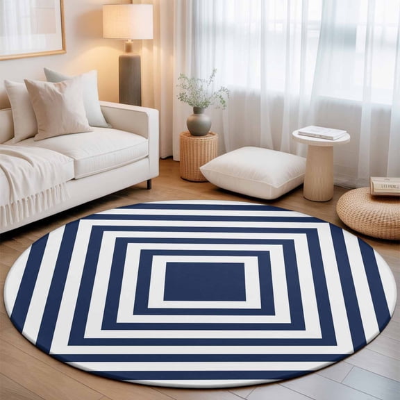 Navy Blue Concentric Squares 7' Round Rug for Living Room Conversation Area, Modern Abstract Minimalist Geometric Lines Washable Non Slip Large Circle Area Rug