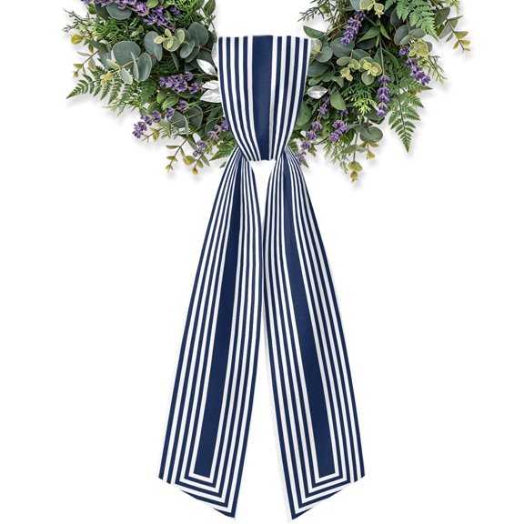 Navy Blue Concentric Squares Wreath Sash for Front Door, Modern Abstract Minimalist Geometric Lines Satin Wreath Ribbon Bow Accessory Garland Home Decor for Doorway Porch Yard 4.5x56